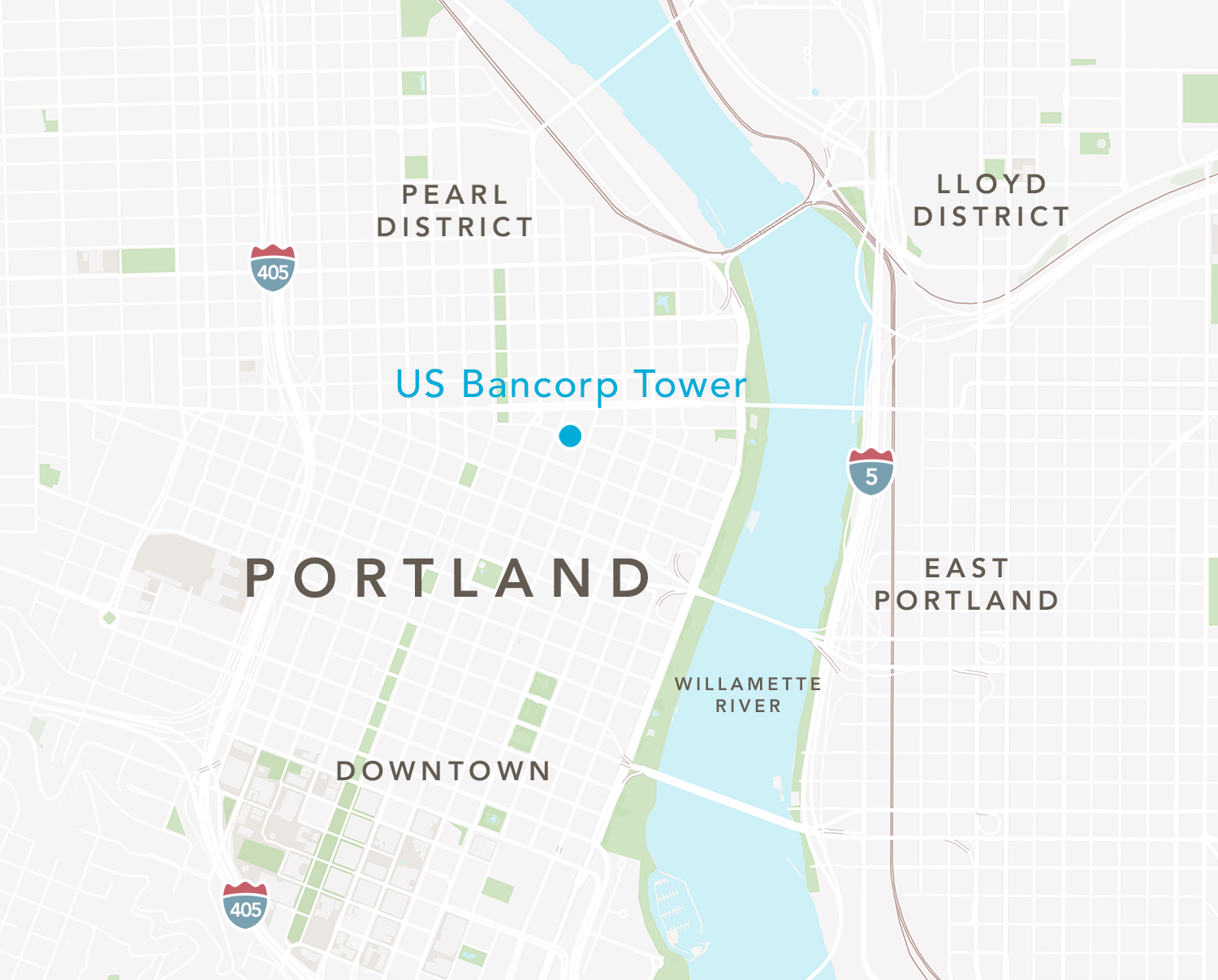 Map of Downtown Portland, showing the neighborhoods around US Bancorp Tower.