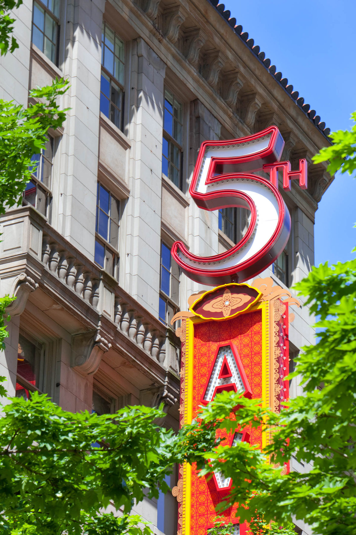 Close up photo of the 5th Avenue Theater marquee sign.