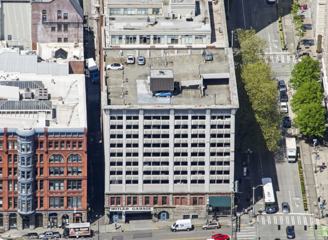 An aerial image of Butler Garage, a 12-story, 451-stall parking garage in Seattle's Pioneer Square neighborhood