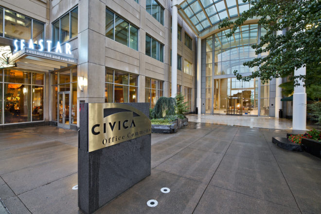 Civica Office Commons signage in the building's atrium in Bellevue, Wash.
