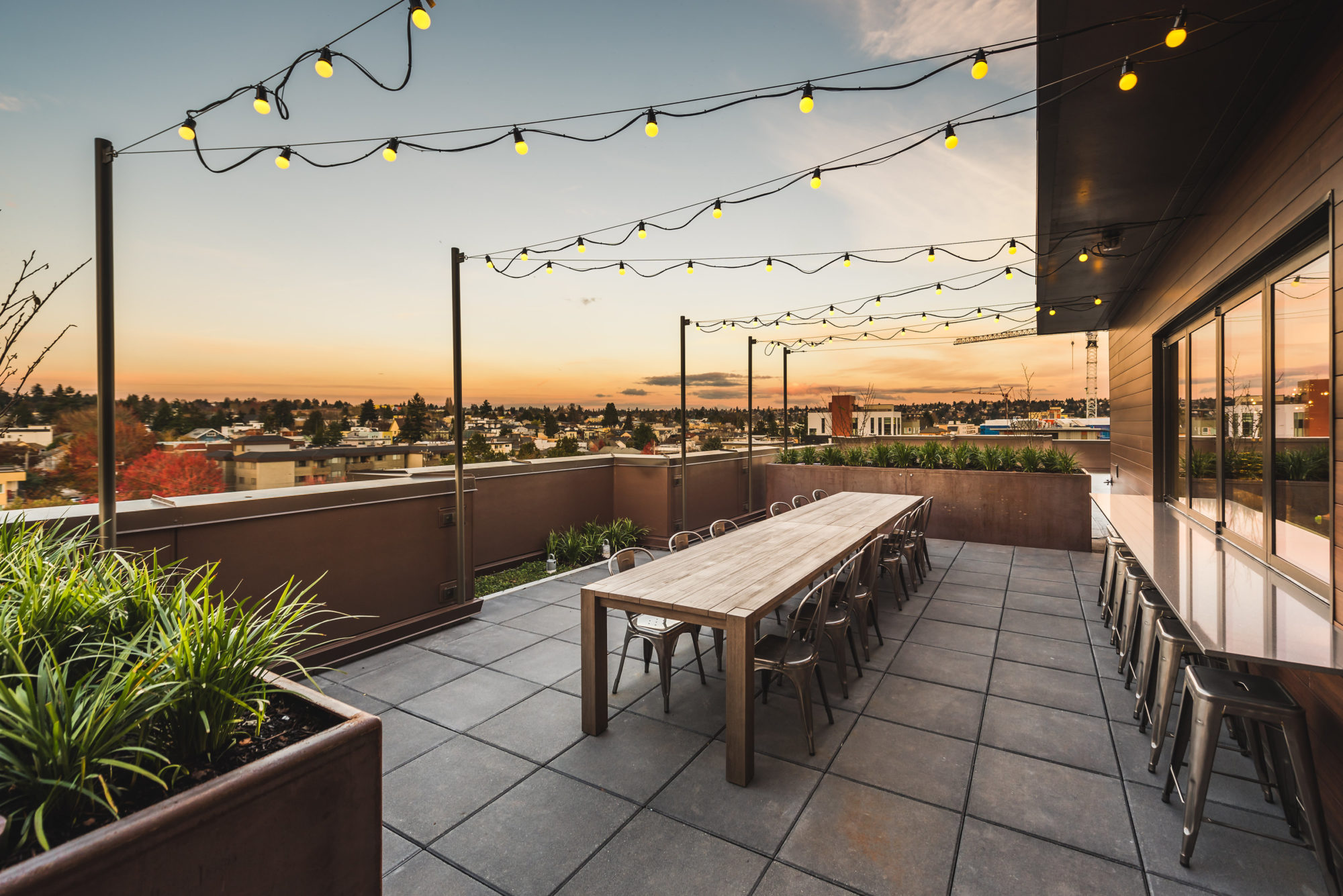 Rooftop deck with overhead lighting at the Commons at Ballard.