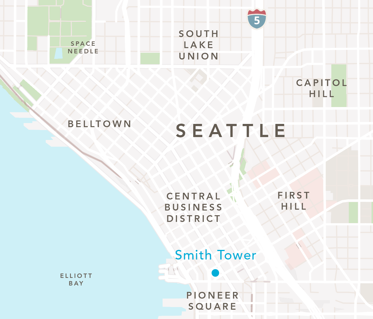 Map of downtown Seattle that shows the neighborhoods around Smith Tower.