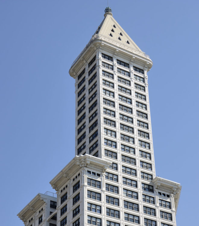 The Smith Tower is historic 38-story building and an example of neoclassical architecture in Seattle, Washington