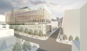 A rendering of Unico's 9-story, 200,000sf development project, Yale & Thomas viewed from Yale ave.