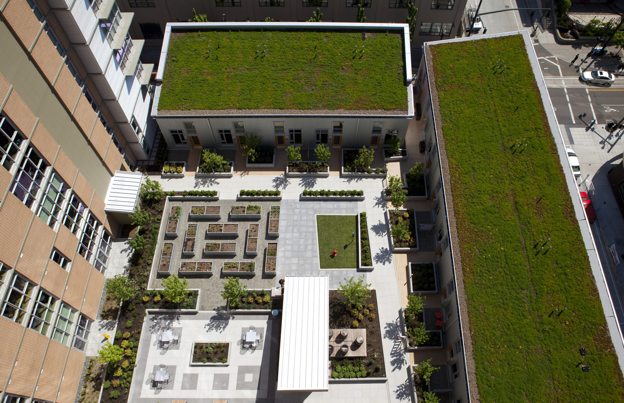 Aerial view of Asa Flats, highlighting its rooftop garden.