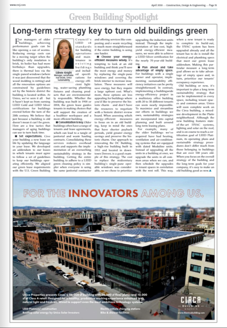 A page from the Colorado Real Estate Journal featuring a Unico Sustainability article