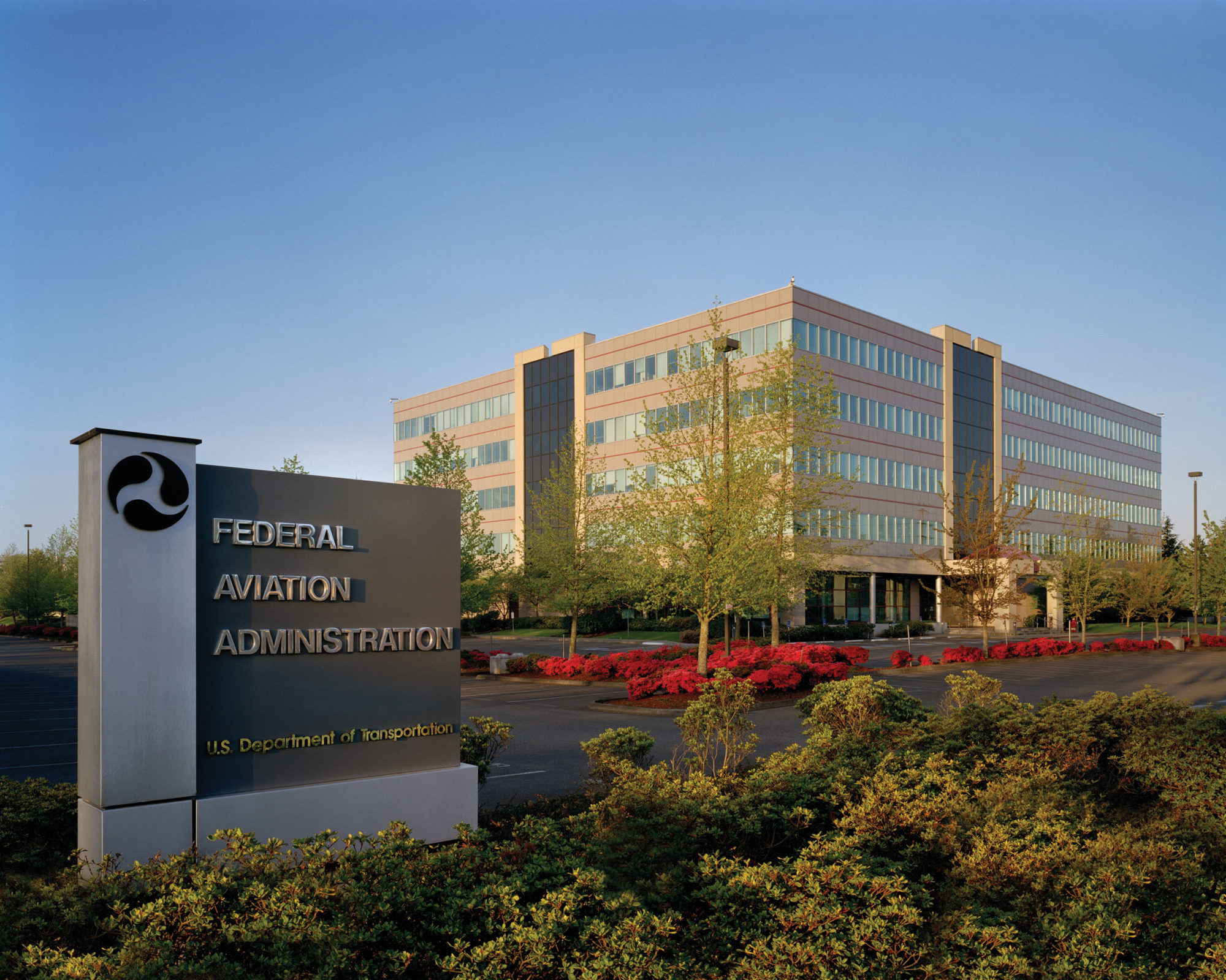 Exterior shot of the FAA Building and signage, managed by Unico, a private equity firm, fully leased to the Federal Aviation Administration