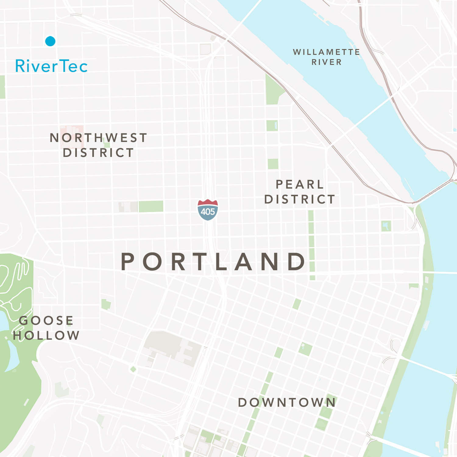 Aerial map of Portland signifying RiverTec Building's location. The asset was acquired by Unico, a private equity real estate investment firm, as part of its Boutique Office Portfolio.