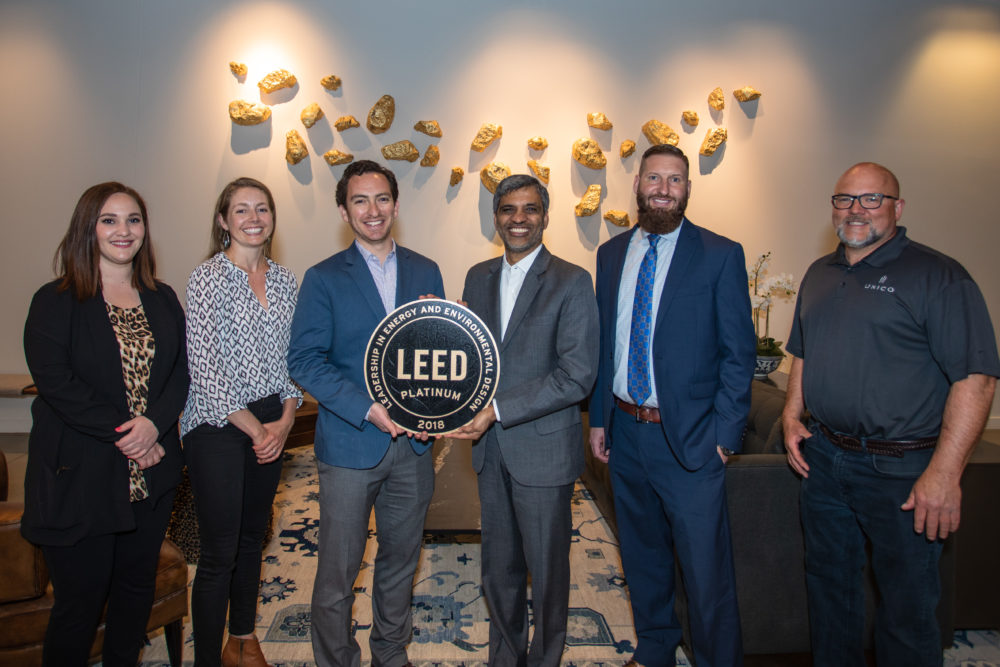 Members of Unico and U.S. Green Building Council CEO/President Mahesh Ramanujam at LEED Plaque Ceremony at The Circa Building to commemorate the building's LEED Platinum certification in this photograph dated April 10, 2019. Unico hosted members of the USGBC at The Circa Building in Denver. The building is commercial real estate investment company Unico Properties' first ground-up development in Denver.