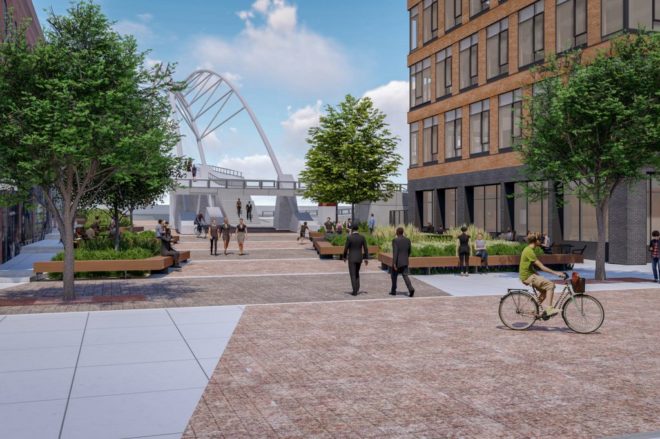 Rendering of Platte Street Plaza project, Unico's planned transformation of the pedestrian way between its Zang and Circa buildings. Real estate investment company Unico delivered the Circa Building in 2018.