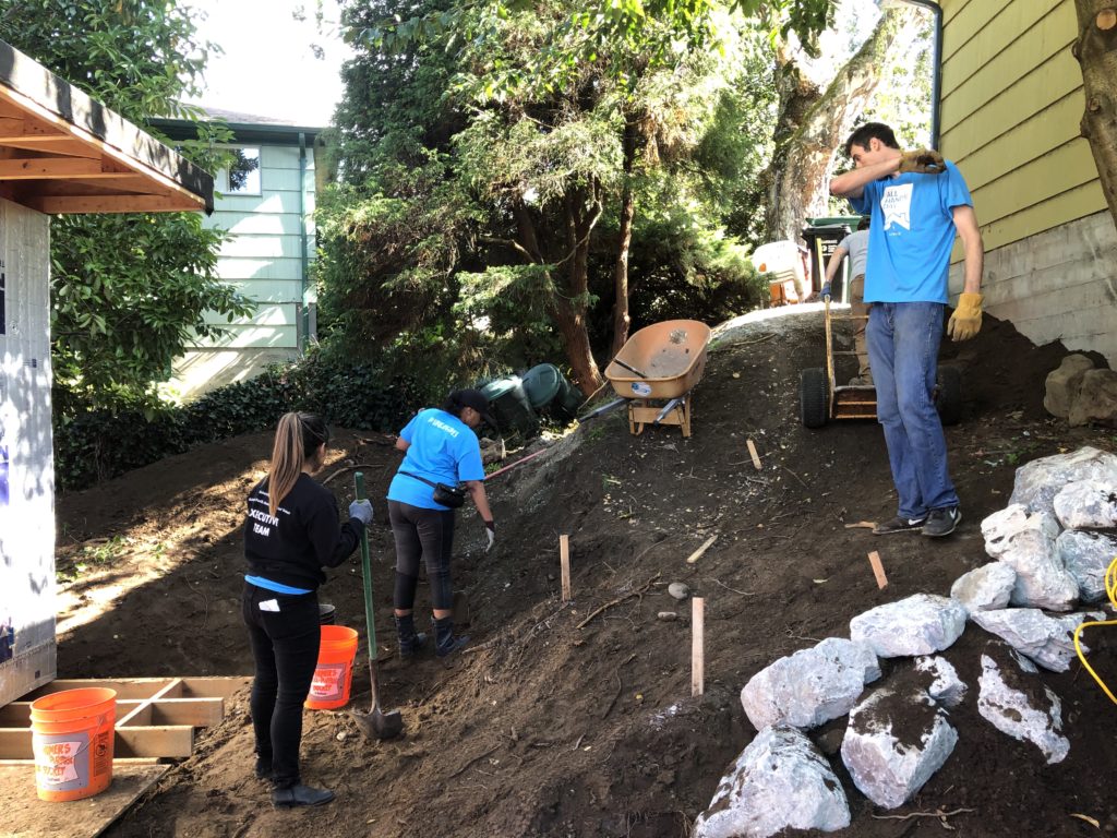 Unico employees grading a hill at the BLOCK Project's most challenging sites to date during the real estate investment company's "All Hands Day" of community service in 2019.