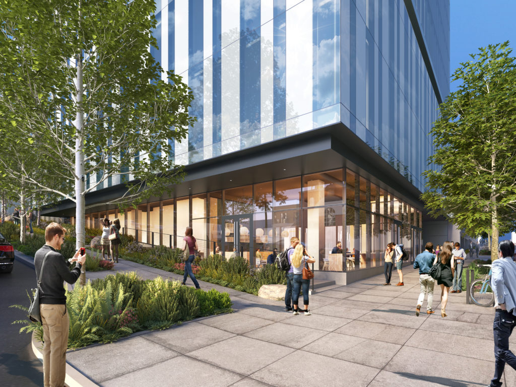 Rendering of the Cascadian project from the ground-level. Corner of Yale and Harrison streets.