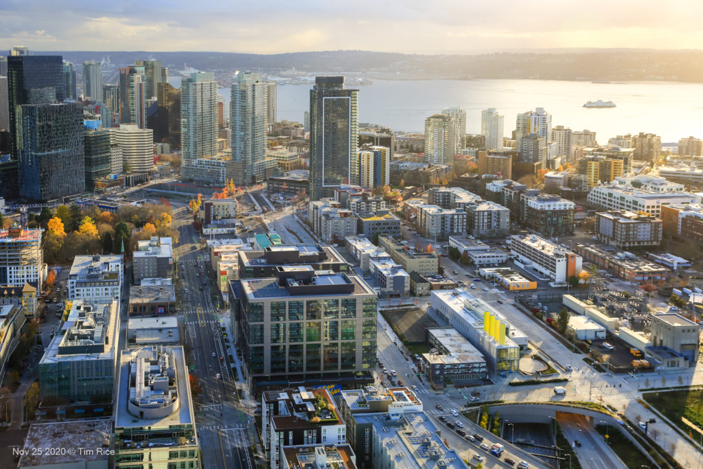Aerial image of the Cascadia neighborhood of South Lake Union, a growing tech hub in Seattle. Photograph by Tim Rice.