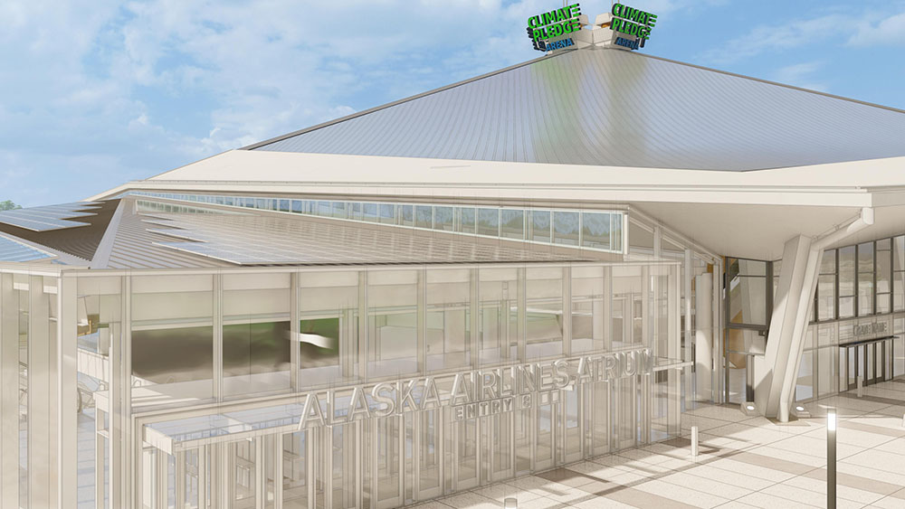 A rendered view of the Climate Pledge Arena's main entrance