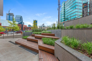 New customized exterior-seating at 4th & Commerce entrance at the fully-transformed and rebranded One Nashville in downtown Nashville, Tennessee.