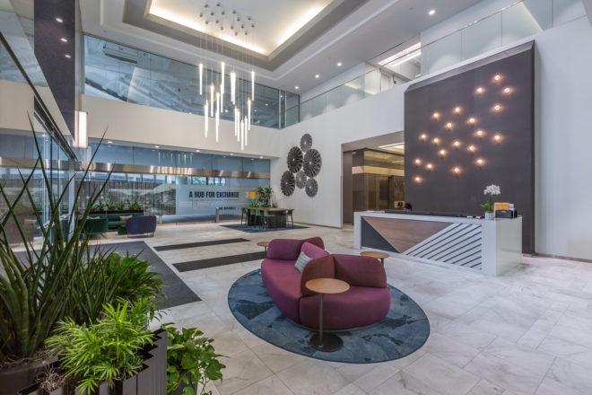 Updated hospitality-focused lobby at the fully-transformed and rebranded One Nashville in downtown Nashville, Tennessee.